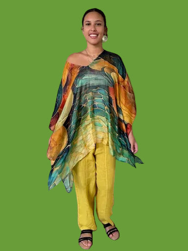 100% Silk Watercolor Kaftan (Green/Gold or Orange/Gold)