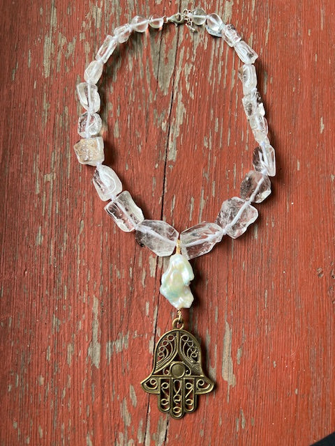 Rock Crystal Necklace with a Hamsa