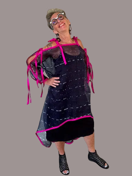 Dth 100% Hand Dyed  Navy Blue Silk Organza Overlay Trimmed In Hot Pink Dupioni