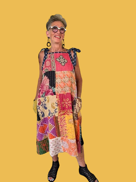 Reversible Kantha Sleeveless Tie Sleeve Up-Cycled Sari Dress With Pockets