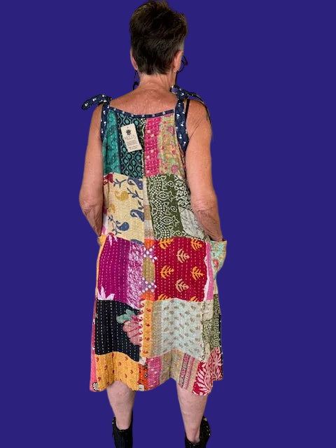 Reversible Kantha Sleeveless Tie Sleeve Up-Cycled Sari Dress With Pockets