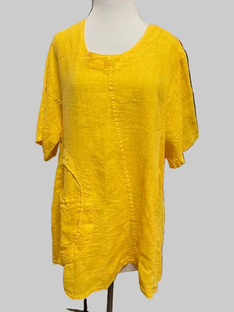 Transparent 100% Linen Short Sleeved Circle Pocket Top (White, Red, Yellow)