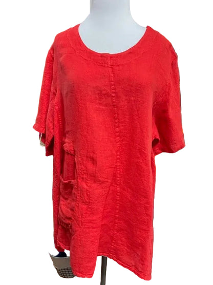 Transparent 100% Linen Short Sleeved Circle Pocket Top (White, Red, Yellow)