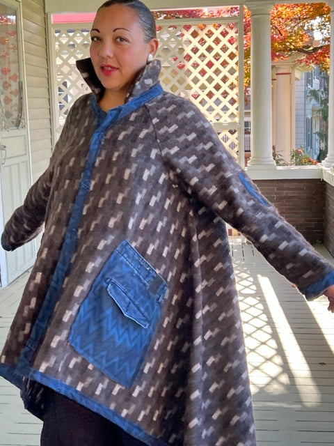 DTH Japanese Wool Blend Coat with Denim Trim and Pockets