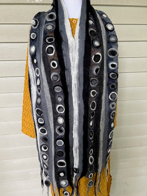 Felted Chiffon Wool Scarf Stripes and Stones (Blue, Orange, or Gray)