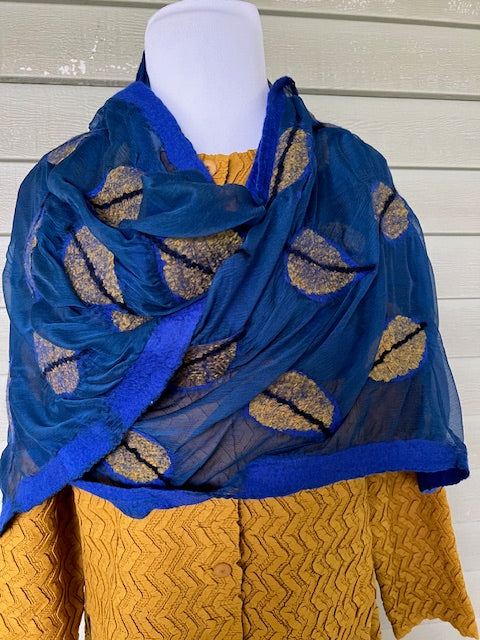 Leaf on Blue Chiffon Felted Scarf (Gold Leaf or White Leaf)