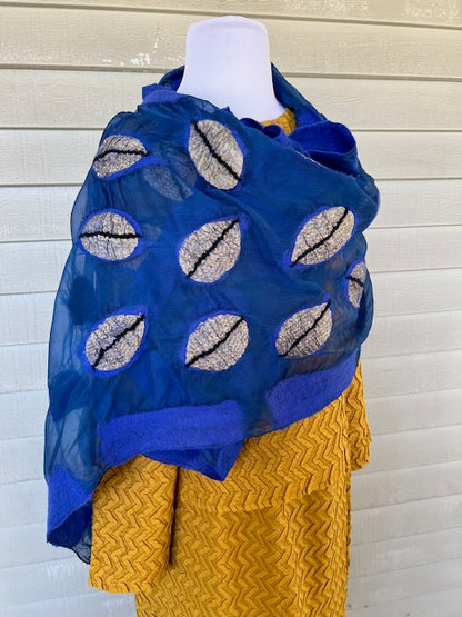 Felted Leaf on Blue Chiffon Scarf (Gold Leaf or White Leaf)