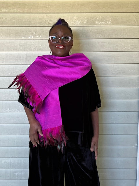 Magenta 100% Silk Dupioni Scarf Trimmed in Feathers