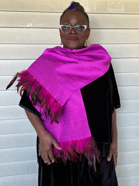 Magenta 100% Silk Dupioni Scarf Trimmed in Feathers