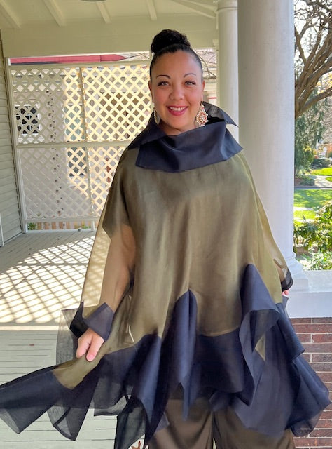 DTH 100% Silk Organza Fly Away Top in Olive and Black