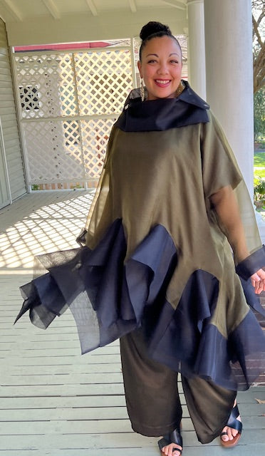 DTH 100% Silk Organza Fly Away Top in Olive and Black