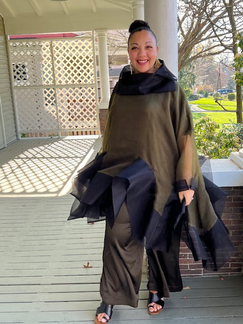 DTH 100% Silk Organza Fly Away Top in Olive and Black