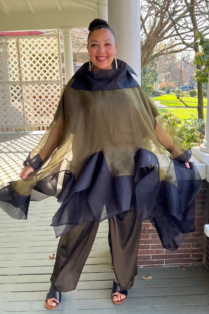 DTH 100% Silk Organza Fly Away Top in Olive and Black