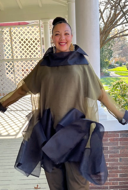 DTH 100% Silk Organza Fly Away Top in Olive and Black