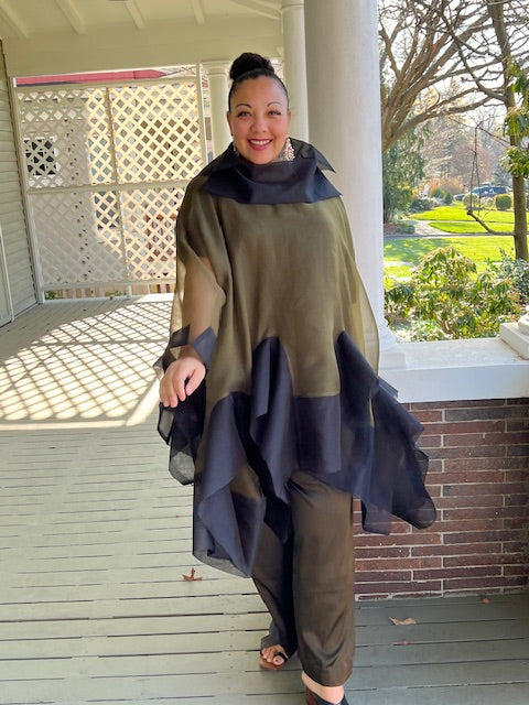 DTH 100% Silk Organza Fly Away Top in Olive and Black