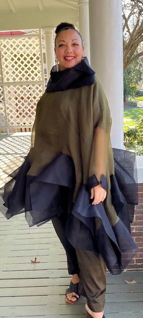 DTH 100% Silk Organza Fly Away Top in Olive and Black