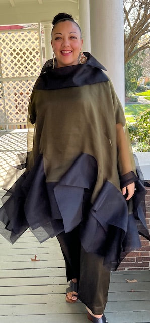 DTH 100% Silk Organza Fly Away Top in Olive and Black