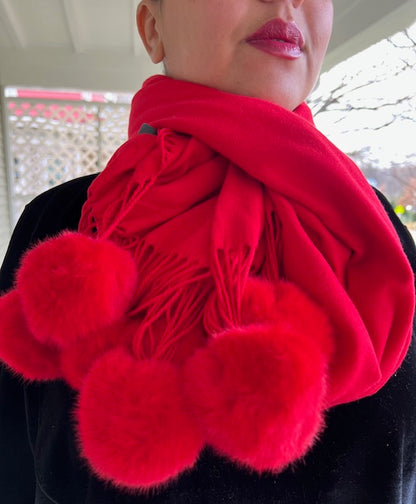 Cashmere Blend Faux Fur Pompom Scarf (Red, Navy, or Cocoa)