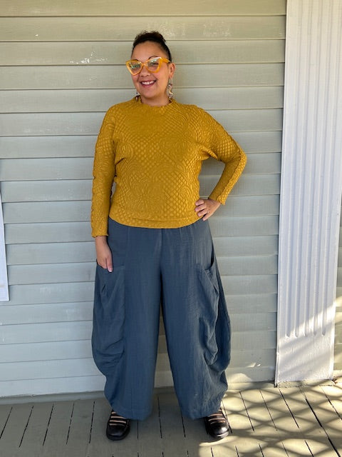 Floral Raised Textured Stretch Fabric Top in Mustard