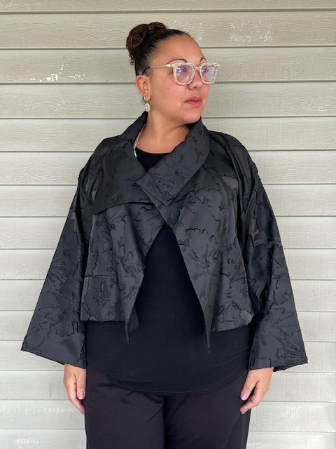 DTH 100% Silk Black Embossed Hibiscus Jacket