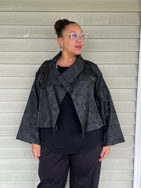 DTH 100% Silk Black Embossed Hibiscus Jacket