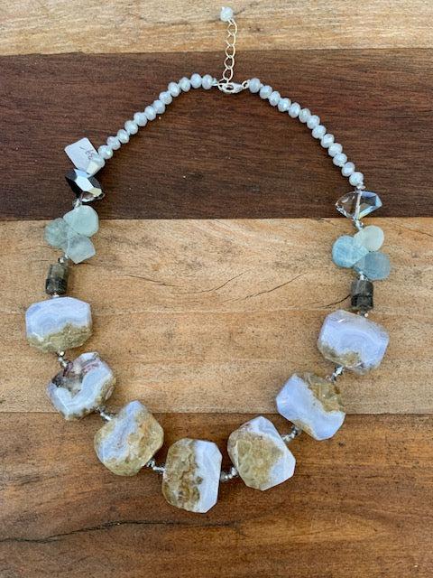 Blue Lace Agate and Crystal Necklace