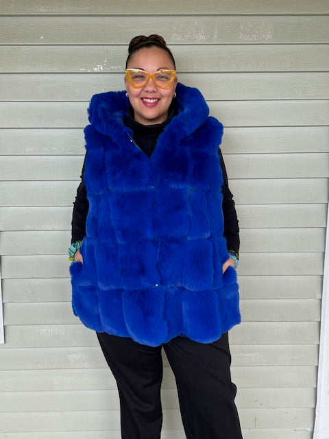 Blue Faux Fur Long Hooded Vest