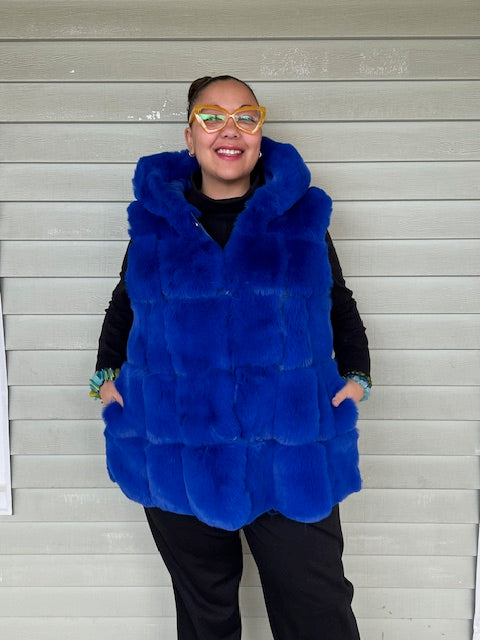 Blue Faux Fur Long Hooded Vest