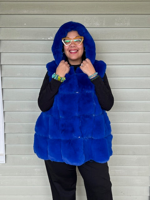 Blue Faux Fur Long Hooded Vest