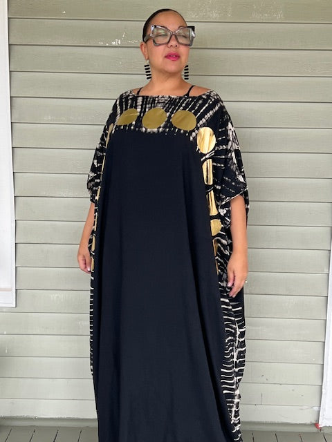 Black kaftan with  Big Gold Polka Dots