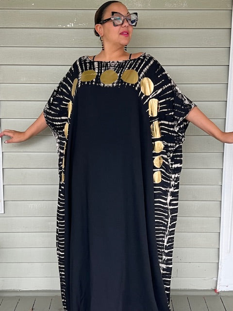 Black kaftan with  Big Gold Polka Dots