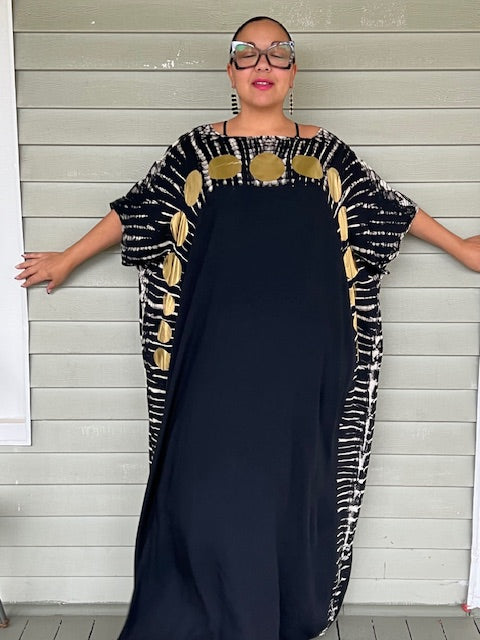 Black kaftan with  Big Gold Polka Dots