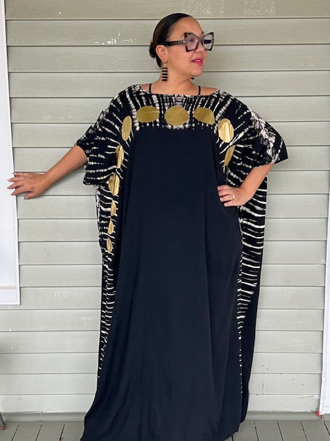 Black kaftan with  Big Gold Polka Dots