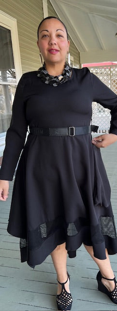 Black Belted Dress with Mesh Hem