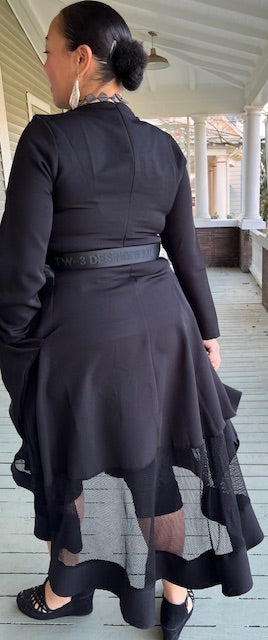 Black Belted Dress with Mesh Hem