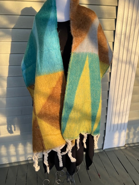 Cashmere Silk Blend Geometric Wrap In Green/Blue/Yellow