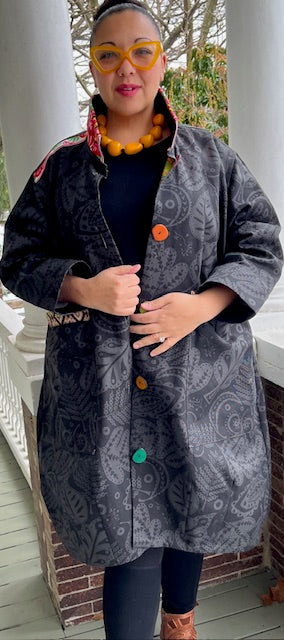 DTH Black Canvas Coat Trimmed in Kantha (2 colors)