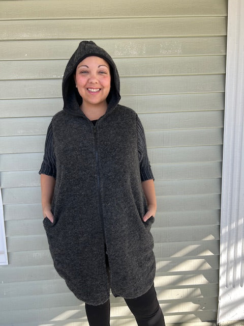 Dark Gray Wool Blend Vest with Hood and front zipper