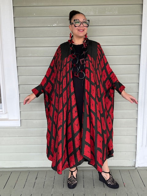 Hand Dyed Silk Cape Style Jacket  (Red/Black)