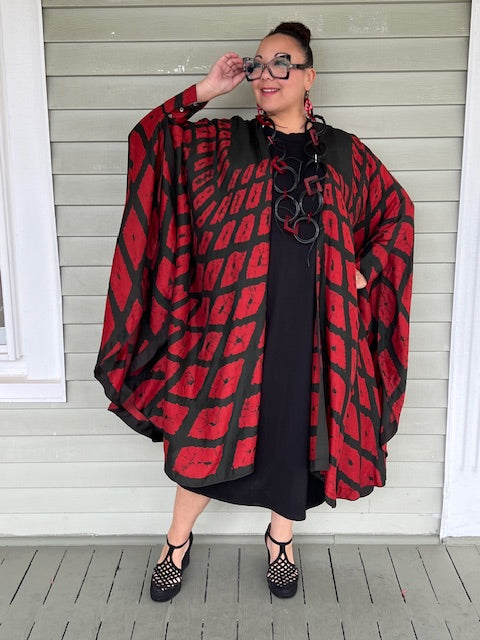 Hand Dyed Silk Cape Style Jacket  (Red/Black)