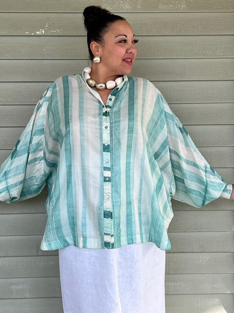 Hand Dyed Shibori Silk Button Down Shirt Mint )