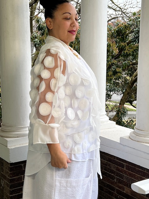 Unstructured White Dots Ruffle Collar Jacket