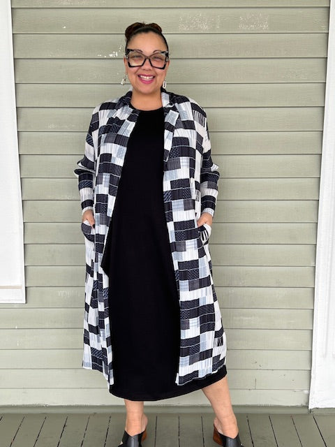 Vanite Couture Long Pleated Patchwork Jacket (Black & White)