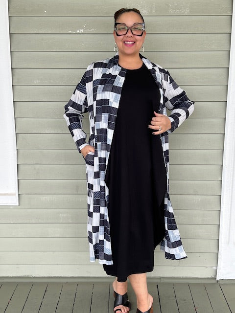 Vanite Couture Long Pleated Patchwork Jacket (Black & White)