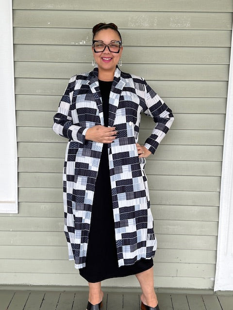 Vanite Couture Long Pleated Patchwork Jacket (Black & White)