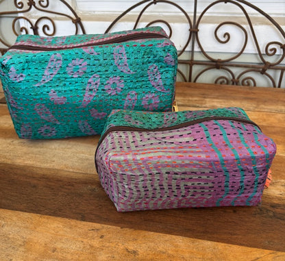 Silk Kantha Cosmetic Pouch (Set of 2) - Red, Pink, or Blue