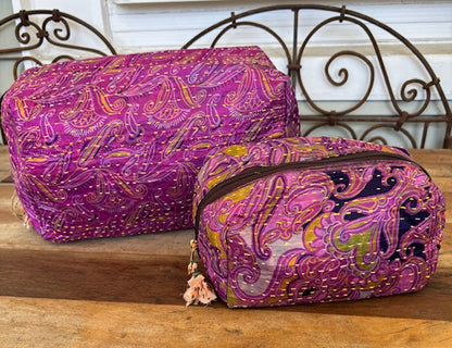 Silk Kantha Cosmetic Pouch (Set of 2) - Red, Pink, or Blue