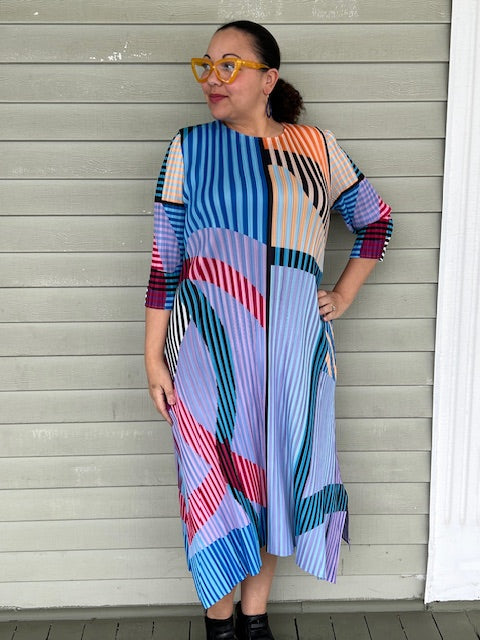 Vanite Couture Pleated Stripes and Arcs Dress