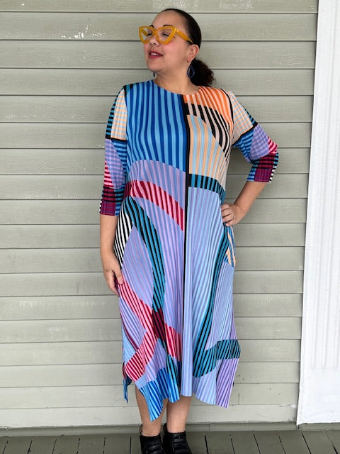 Vanite Couture Pleated Stripes and Arcs Dress