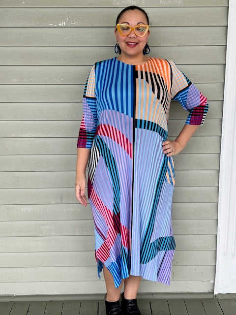 Vanite Couture Pleated Stripes and Arcs Dress